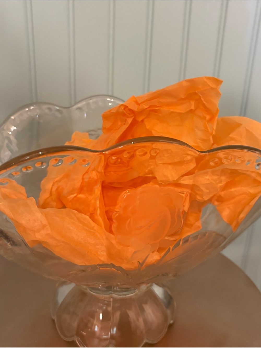 Clear Pressed Glass Pedestal Bowl with Orange Tissue Accent